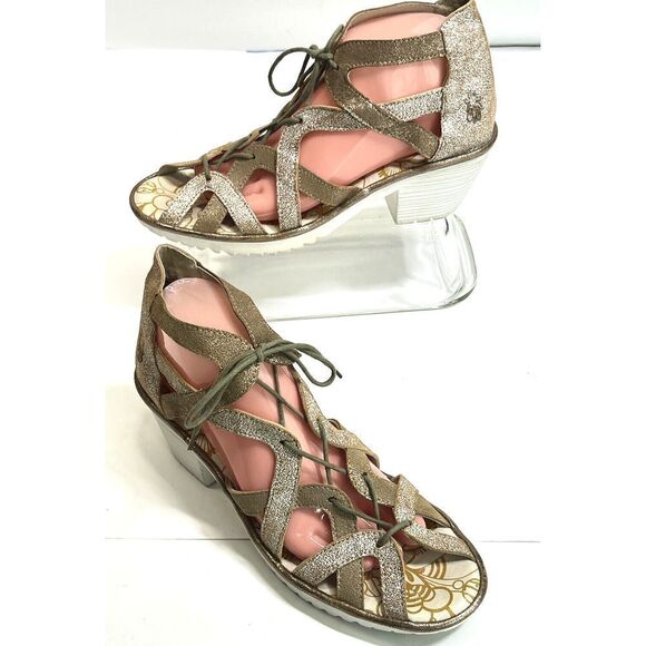 Fly London Sandals Size 10- 10.5 41 EU Gladiator Heeled Lace Up Metallic - Picture 2 of 16